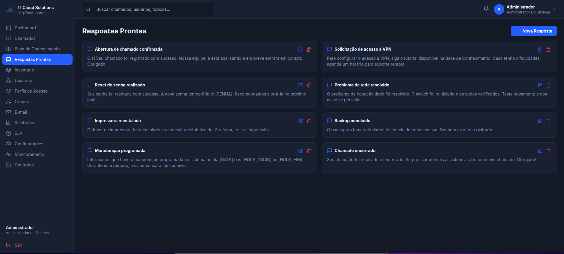 Gerenciamento de respostas prontas